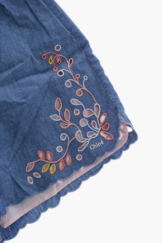 Chambray Cotton Shorts with Perforated Detail and Scalloped Edge