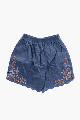 Chambray Cotton Shorts with Perforated Detail and Scalloped Edge