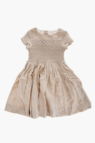 Short Sleeve Linen Blend Dress with Pleated Detail