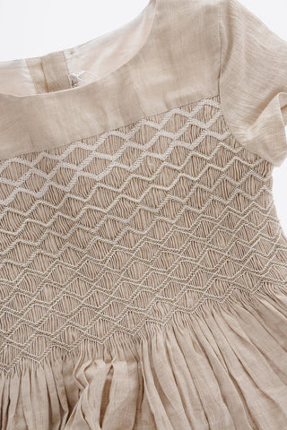 Short Sleeve Linen Blend Dress with Pleated Detail