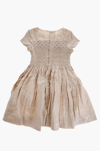 Short Sleeve Linen Blend Dress with Pleated Detail