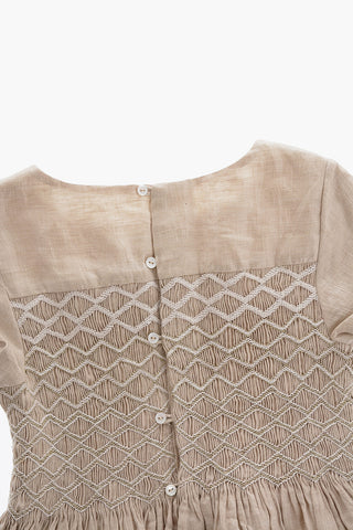 Short Sleeve Linen Blend Dress with Pleated Detail