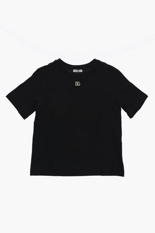 Solid Color Crew-neck T-Shirt with Silver-Tone Logo