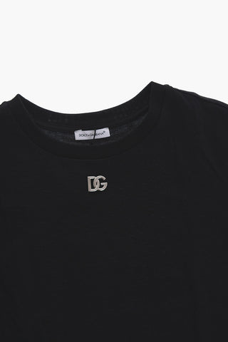 Solid Color Crew-neck T-Shirt with Silver-Tone Logo