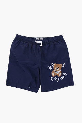 Solid Color Swim Shorts with Teddy Bear Print