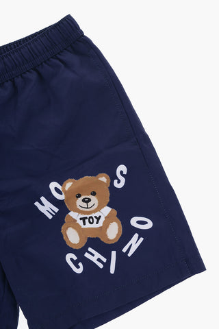 Solid Color Swim Shorts with Teddy Bear Print