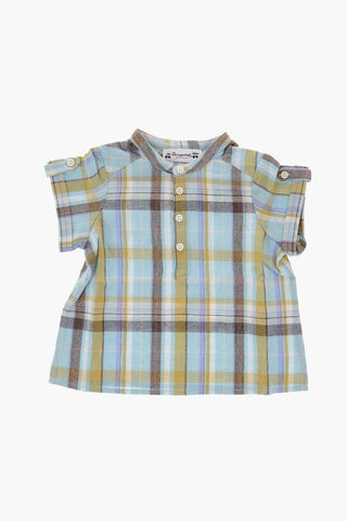 Plaid Motif Short Sleeve Cotton and Linen Shirt