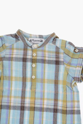 Plaid Motif Short Sleeve Cotton and Linen Shirt