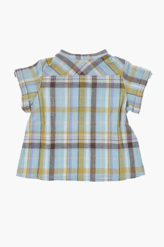 Plaid Motif Short Sleeve Cotton and Linen Shirt