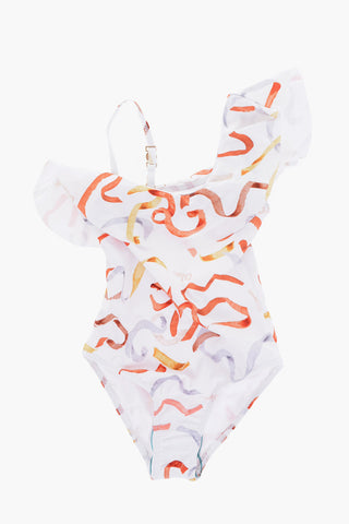 Patterned One-Shoulder Swimsuit with Ruffle Detail