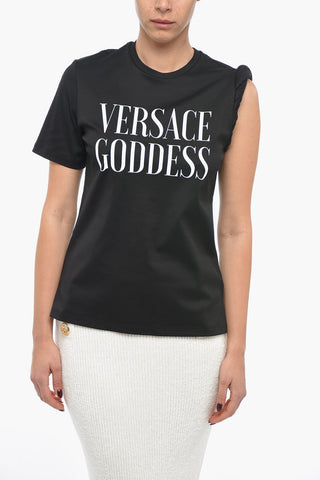 Crew Neck GODDESS Cotton T-Shirt with Gathered Sleeve