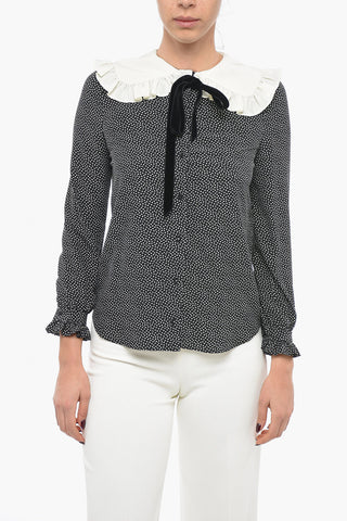 Camicia in Seta con Motivo a Pois e Collo Rotondo
