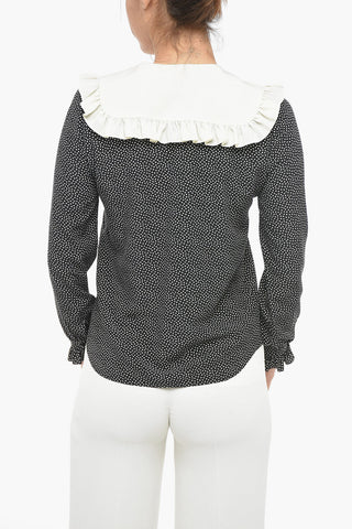 Camicia in Seta con Motivo a Pois e Collo Rotondo
