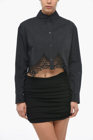 Camicia Crop in Cotone con Dettaglio in Sangallo