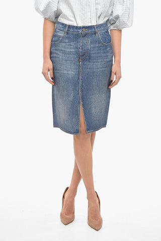 Crepe Denim Effect Mni Skirt with Front Slit