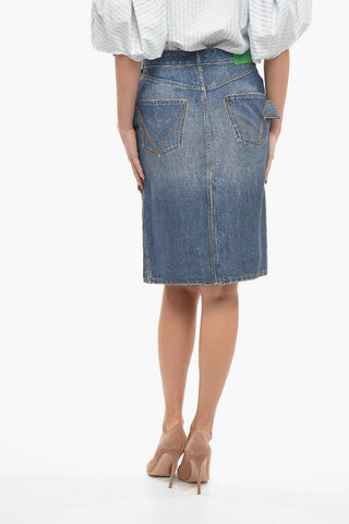 Crepe Denim Effect Mni Skirt with Front Slit