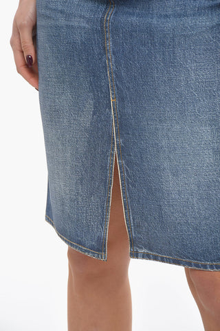 Crepe Denim Effect Mni Skirt with Front Slit