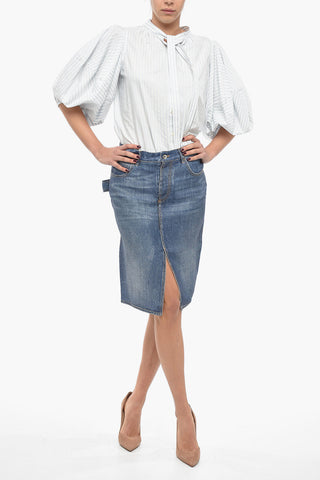 Crepe Denim Effect Mni Skirt with Front Slit