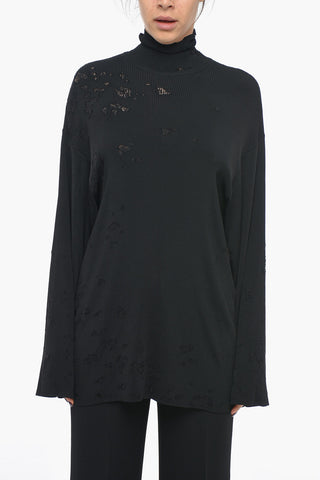 UNISEX Oversized Ribbed Jersey Turtleneck with Destroyed Effect Details