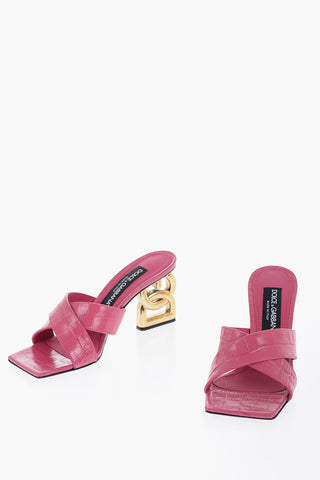 Embossed Leather SQUARE POP Mules With Logo Heel 8 cm