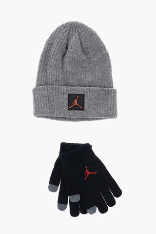 AIR JORDAN Set Beanie a Coste e Guanti con Logo a Contrasto