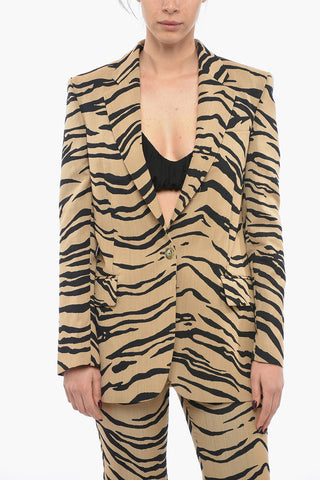 Tiger Motif Wool Blend Blazer with Flap Pocket