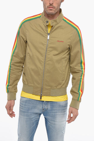 Stretch Cotton Bomber Jacket with Contrasting Three-tone Bands