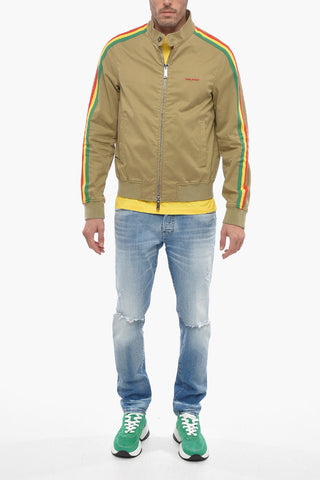 Stretch Cotton Bomber Jacket with Contrasting Three-tone Bands