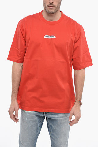 Crew Neck Cotton T-Shirt with Paint Effect Logo