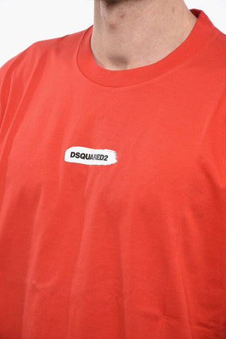 Crew Neck Cotton T-Shirt with Paint Effect Logo