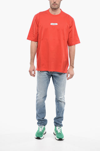 Crew Neck Cotton T-Shirt with Paint Effect Logo