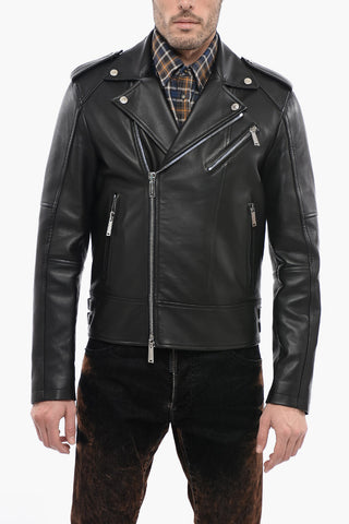 Giacca in Pelle Biker con Zip Decentrata
