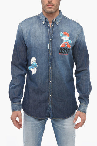 THE SMURFS Button-down Denim Shirt with Patches