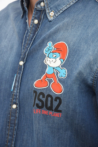 THE SMURFS Button-down Denim Shirt with Patches