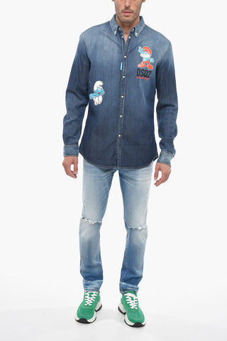 THE SMURFS Button-down Denim Shirt with Patches
