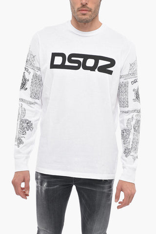 Crew Neck Cotton T-Shirt with Printed Sleeves