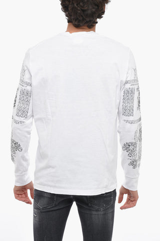 Crew Neck Cotton T-Shirt with Printed Sleeves