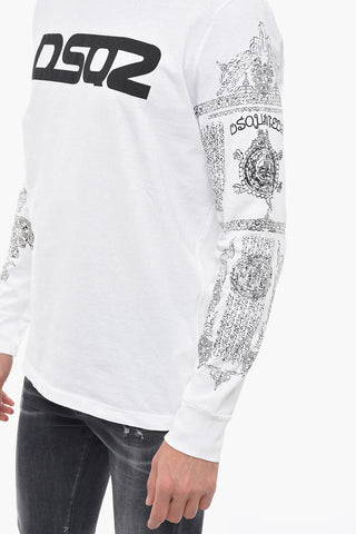 Crew Neck Cotton T-Shirt with Printed Sleeves