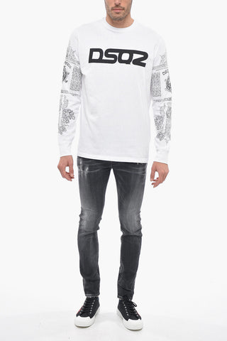 Crew Neck Cotton T-Shirt with Printed Sleeves