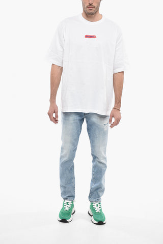Crew Neck Cotton T-Shirt with Paint Effect Logo