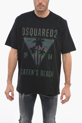 Solid Color CATEN'S BEACH Crew-neck T-Shirt with Iridescent Print
