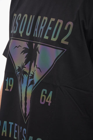 Solid Color CATEN'S BEACH Crew-neck T-Shirt with Iridescent Print