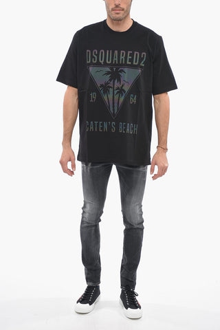Solid Color CATEN'S BEACH Crew-neck T-Shirt with Iridescent Print