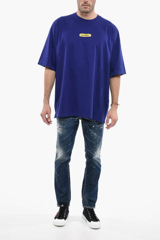 Crew Neck Cotton T-Shirt with Paint Effect Logo