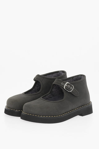 MM22 Suede Closed Mary Jane loafers with Cut-Out Details and Real Fur Inner
