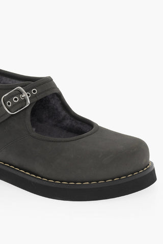 MM22 Suede Closed Mary Jane loafers with Cut-Out Details and Real Fur Inner