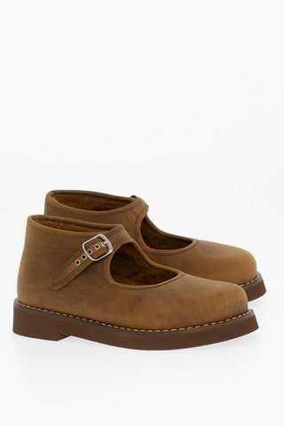 MM22 Suede Closed Mary Jane loafers with Cut-Out Details and Real Fur Inner