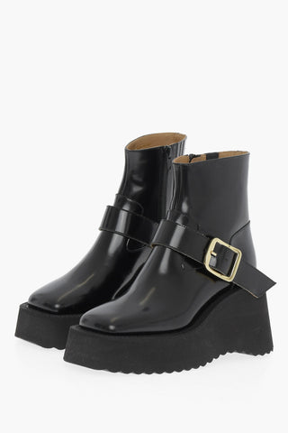 MM6 Patent Leather Ankle Boots with Golden Buckle and Wedge Heel 8cm