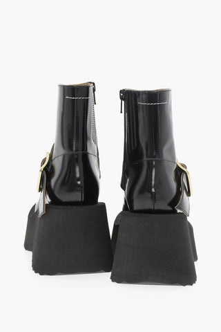 MM6 Patent Leather Ankle Boots with Golden Buckle and Wedge Heel 8cm