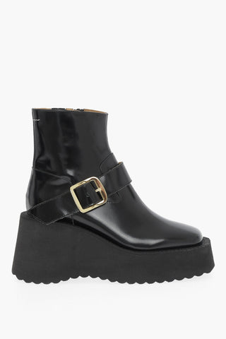 MM6 Patent Leather Ankle Boots with Golden Buckle and Wedge Heel 8cm